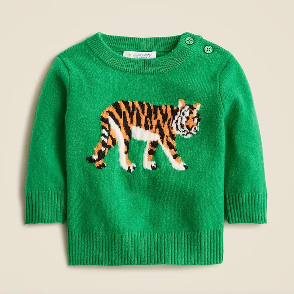 J.CREW NWT Cashmere Sweater Tiger $98 SIZE 3-6M Emerald Green Classic Fit Luxe